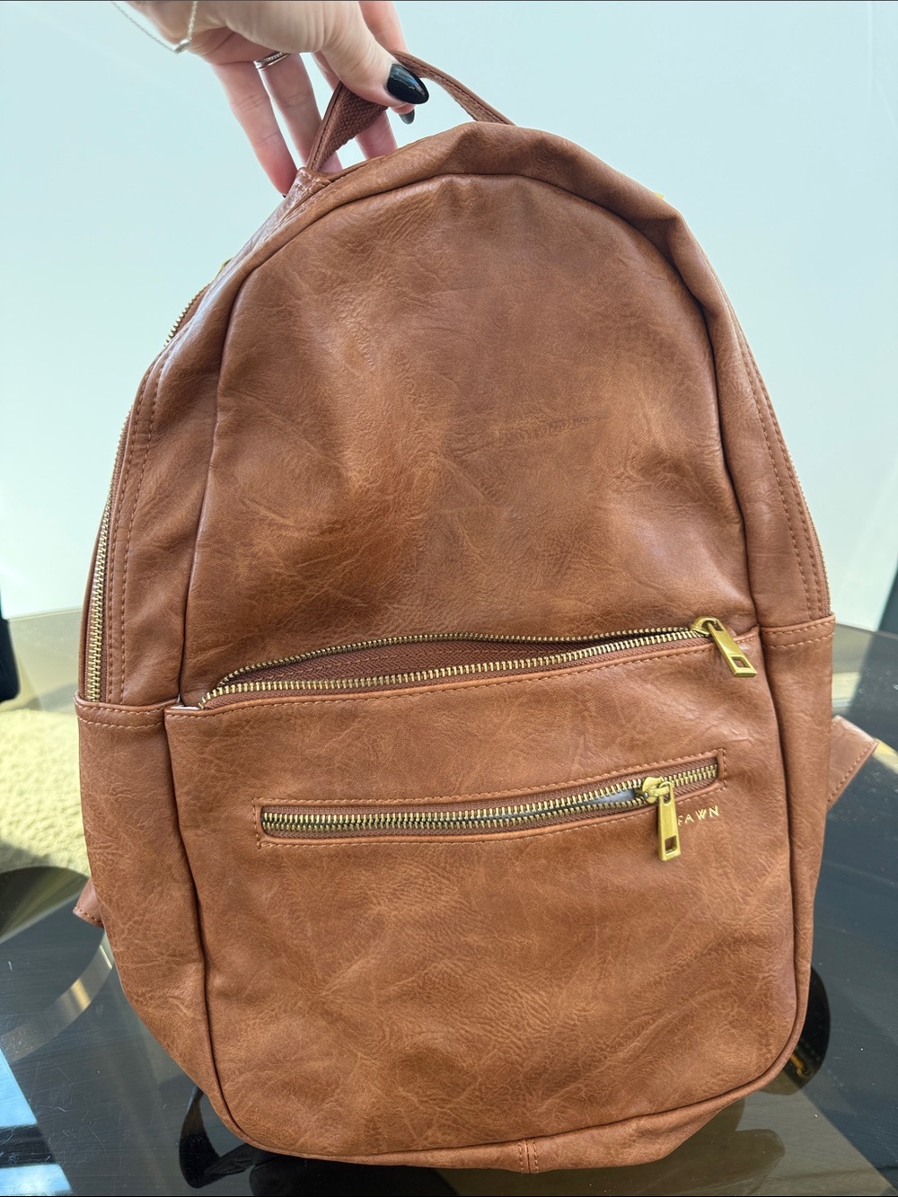 Fawn Design Tan Brown Faux-Leather Backpack with Gold Zippers